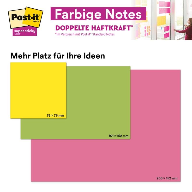 Porównanie trzech karteczek samoprzylepnych Post-it® Super Sticky Notes od 3M Deutschland GmbH w dużym formacie i różnych kolorach (Żółty: 76x76 mm, Zielony: 101x152 mm, Różowy: 203x152 mm), z niemieckim tekstem i zdjęciem osoby podczas użytkowania.