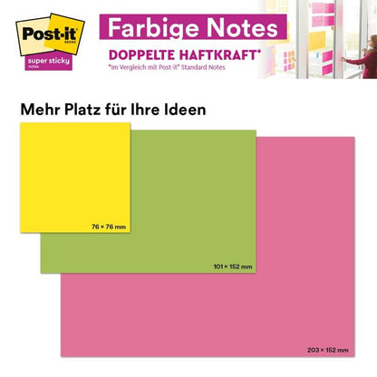 Porównanie trzech karteczek samoprzylepnych Post-it® Super Sticky Notes od 3M Deutschland GmbH w dużym formacie i różnych kolorach (Żółty: 76x76 mm, Zielony: 101x152 mm, Różowy: 203x152 mm), z niemieckim tekstem i zdjęciem osoby podczas użytkowania.