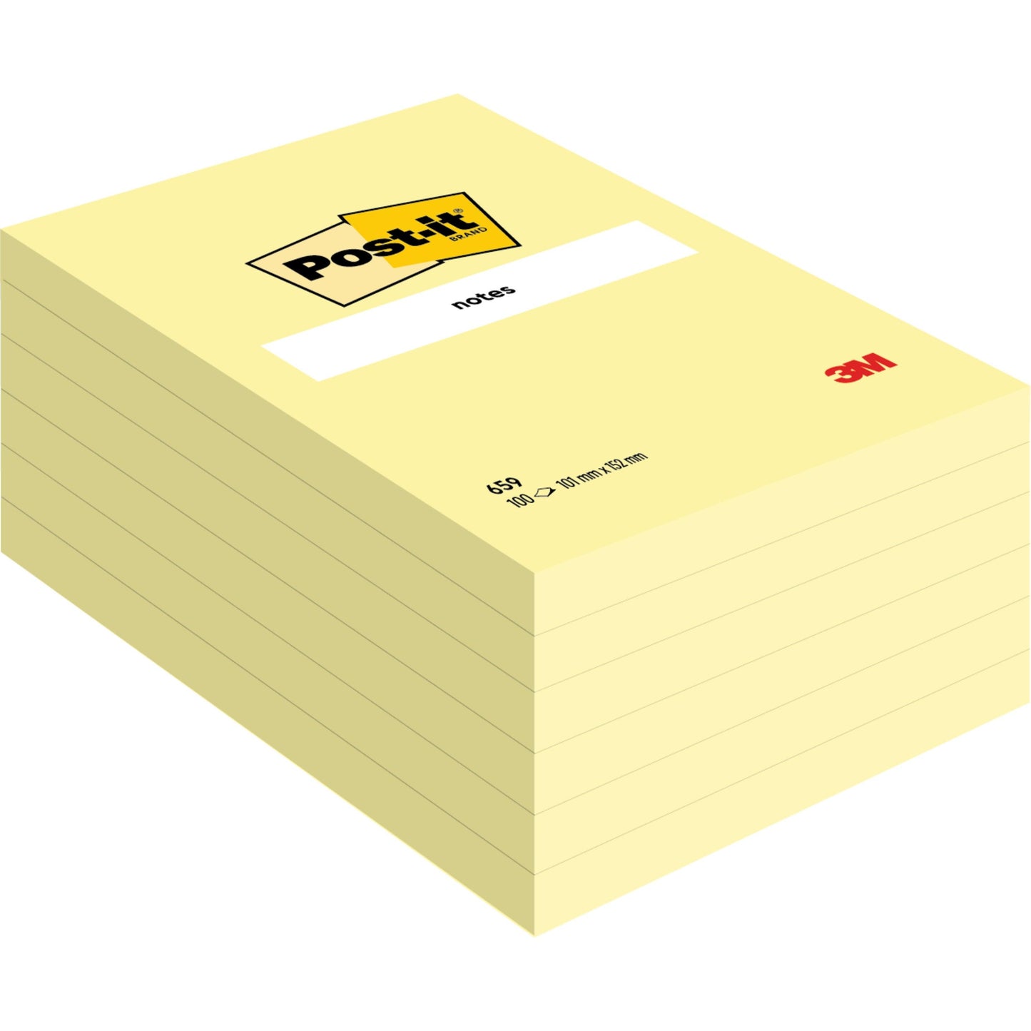 Stos nowych, dużych, żółtych karteczek Post-it® Notes (101 mm x 152 mm) firmy 3M Deutschland GmbH, z równo ułożonymi blokami i etykietą "notes" na górze.