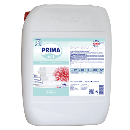 Biały 20-kilogramowy plastikowy pojemnik od Dr. Schnell PRIMA SOFT soft płyn do płukania od DR.SCHNELL GmbH & Co. KGaA, z niebiesko-białą etykietą z złożonymi ręcznikami, różowym kwiatem i informacjami o produkcie w języku niemieckim.