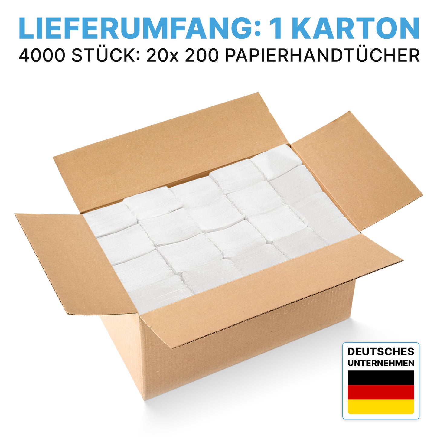 Ein Karton mit ARNOMED PAPIERHANDTÜCHER 25 x 23 cm | V-FALZ der ARNOWA GmbH, innen gestapelt. Text lautet: "Lieferumfang: 1 Karton, 4000 Stück (20x200 Papierhandtücher)". Ideal für Waschräume. Deutsches Firmenlogo unten rechts.