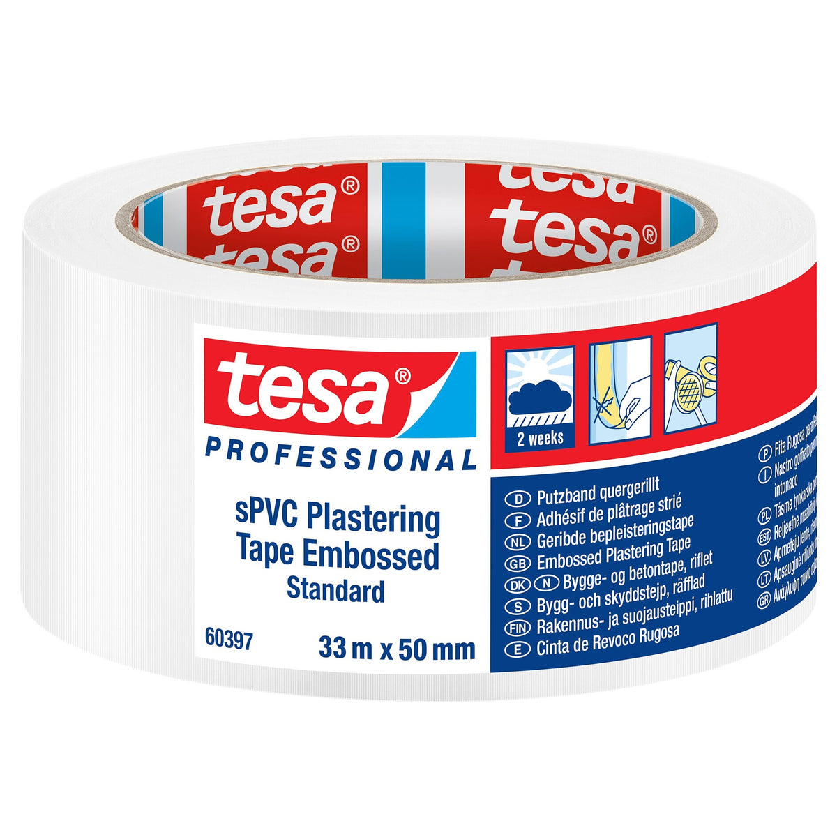 tesa 60397 sPVC Putzband quergerillt Standard, 33 m x 50 mm, weiß