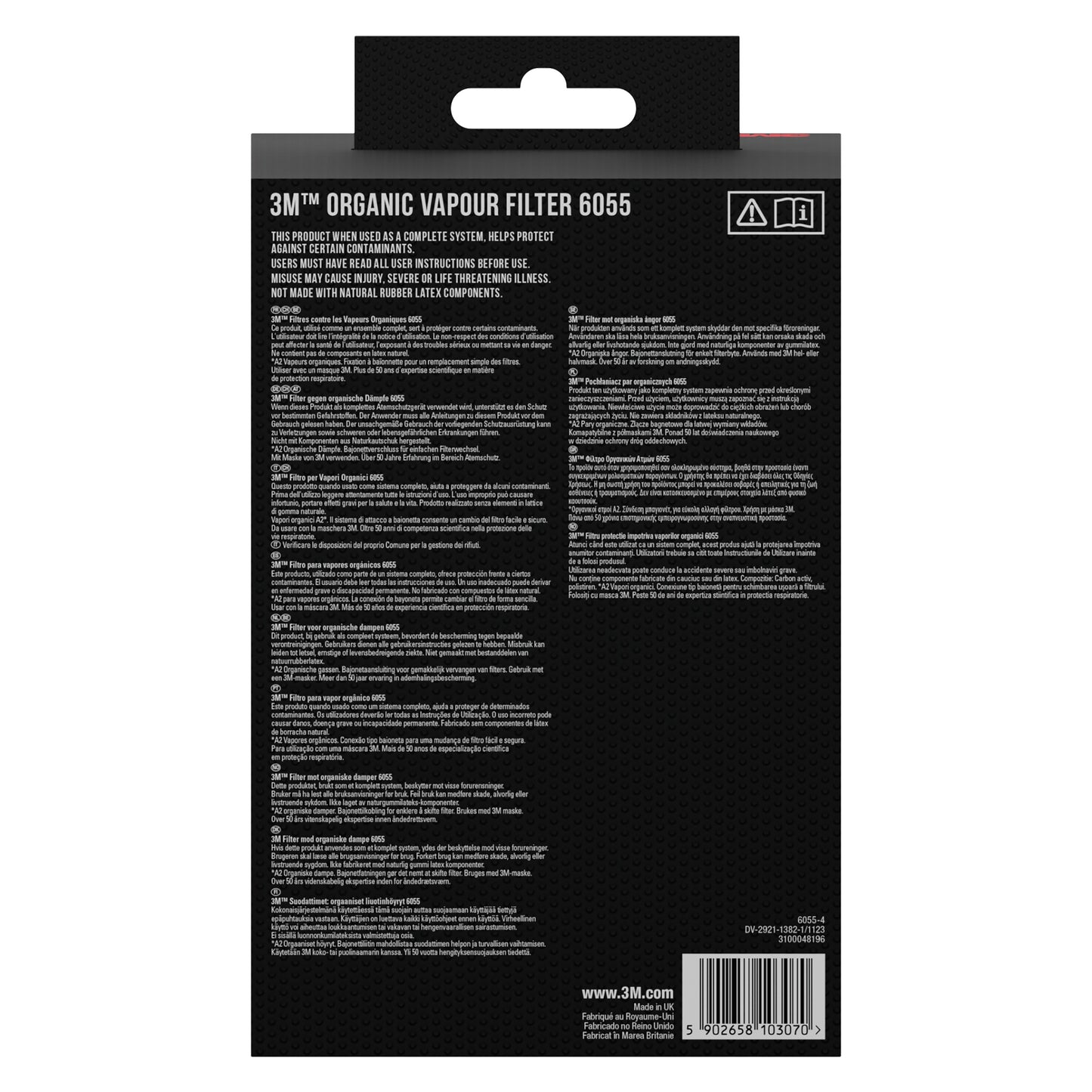 Widok z tyłu opakowania wkładu filtrującego 3M™ 6055, A2 Opary organiczne od 3M Deutschland GmbH z instrukcjami w różnych językach, informacjami o produkcie, ostrzeżeniami, kodem kreskowym i stroną internetową na czarnym opakowaniu z białym tekstem.