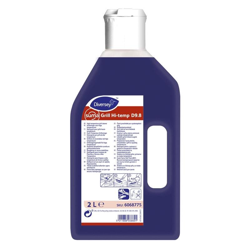 2-litrowa butelka środka do czyszczenia grilla Suma Hi-temp D9.8 firmy Diversey Deutschland GmbH & Co. OHG, wyposażona w uchwyt i białą nakrętkę, posiada pomarańczowo-białą etykietę – idealna do profesjonalnych kuchni w celu usuwania uporczywych osadów.
