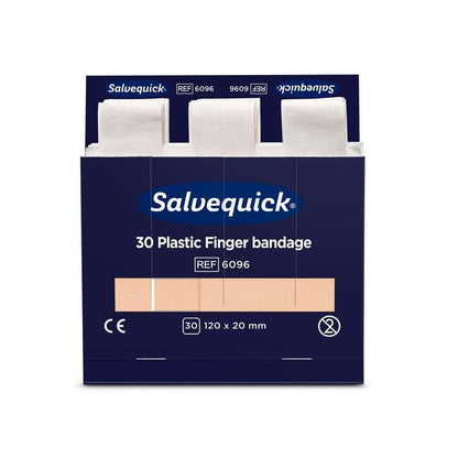 Pudełko Orkla Wound Care AB z plastikowymi opatrunkami na palce, 120 x 20 mm, 30 szt./m., opakowanie (6 sztuk) z otwartą pokrywą ukazuje pojedynczo zapakowane opatrunki.