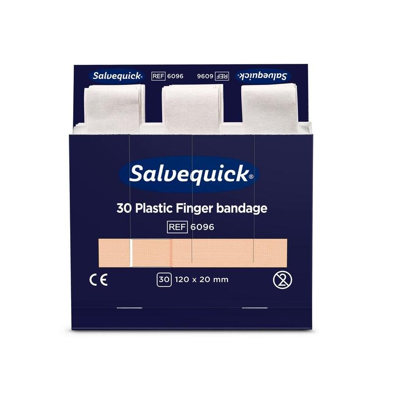 Niebiesko-białe pudełko Orkla Wound Care AB z napisem "Opatrunek na palce z plastiku, 120 x 20 mm, 30 szt./mina | Opakowanie (6 sztuk)" z trzema beżowymi opatrunkami jest częściowo widoczne. Wymiary i symbole certyfikacyjne są również podane na opakowaniu.