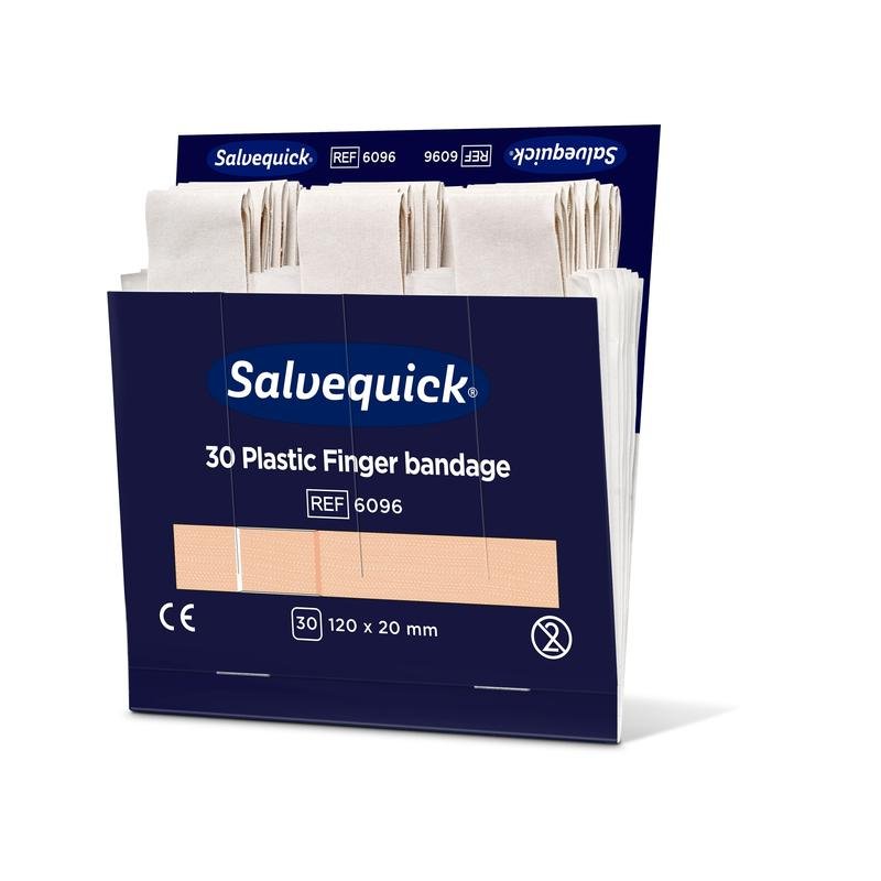 Pudełko Orkla Wound Care AB z plastikowymi opatrunkami na palce, 120 x 20 mm, 30 sztuk, pokazuje kilka beżowych opatrunków na palce w otwartym ciemnoniebieskim opakowaniu z białym i niebieskim napisem. Opakowanie zawiera 6 sztuk.