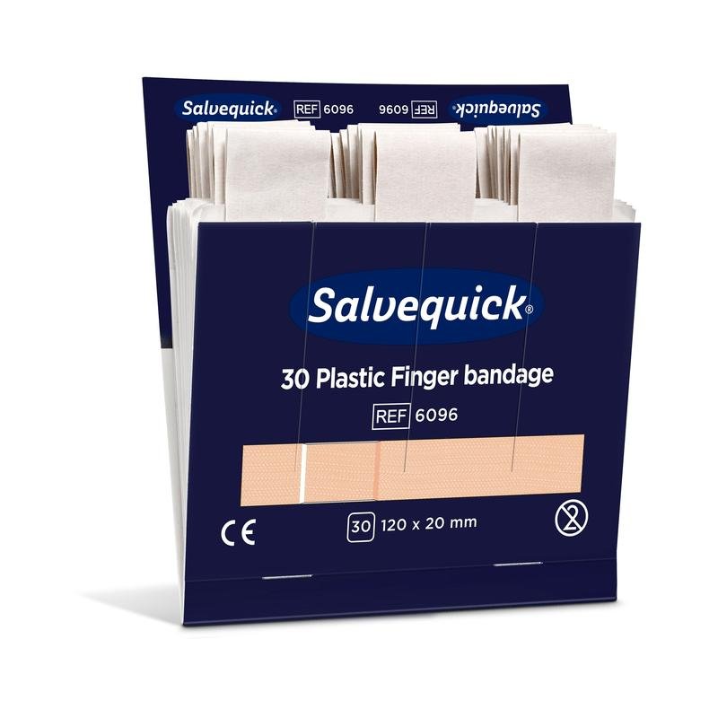 Częściowo otwarte pudełko Orkla Wound Care AB z plastikowymi opatrunkami na palce, 120 x 20 mm, 30 sztuk/opakowanie (6 sztuk), z pojedynczo zapakowanymi opatrunkami i informacjami o produkcie na opakowaniu.