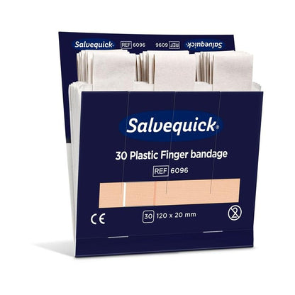 Otwarta niebiesko-biała skrzynka Orkla Wound Care AB z napisem "Opatrunek na palce z plastiku, 120 x 20 mm, 30 szt./mina | Opakowanie (6 sztuk)" zawiera pojedynczo zapakowane opatrunki z podanymi rozmiarami: 120 x 20 mm.