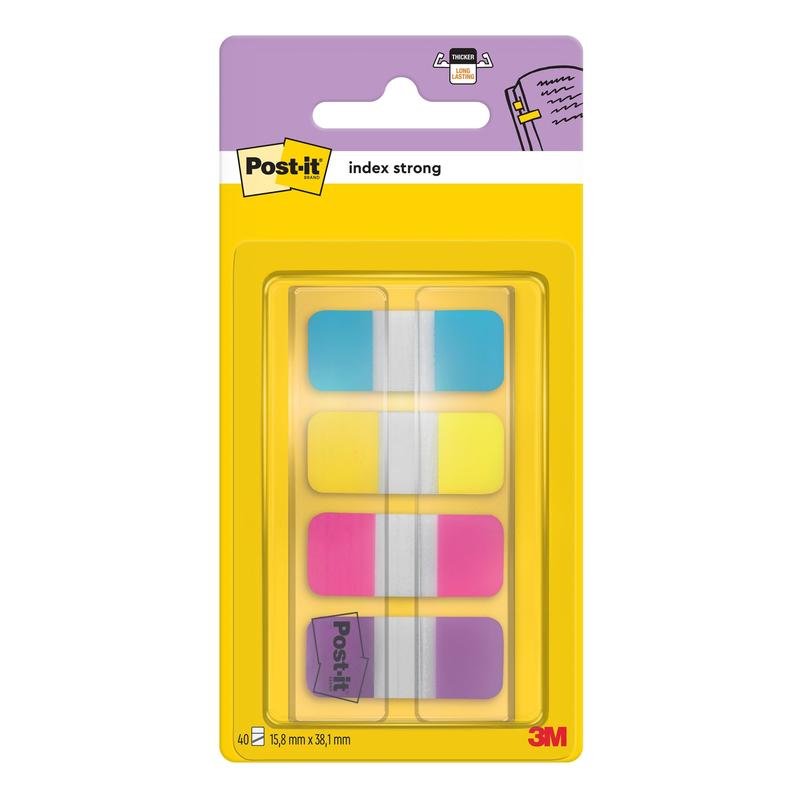 Opakowanie 3M Post-it® Index Strong Ablagetabs, Mini (15,8 mm x 38,1 mm), zawiera 40 kolorowych zakładek (niebieskie, fioletowe, różowe, żółte) w podajniku do efektywnej organizacji dokumentów. Od 3M Deutschland GmbH.