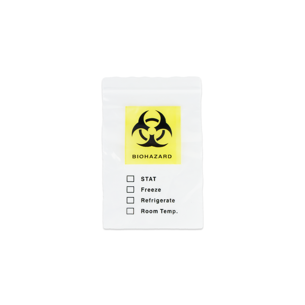 Ein kleiner weißer Altruan-Plastikbeutel mit einem gelben Biohazard-Symbol und leeren Kästchen, der für den Transport von Combo 9in1 - DVOT Professional SARS-CoV-2, Influenza A+B, RSV, Adenovirus, hMPV, PIV 1/3/2, Mycoplasma-Proben verwendet wird (Packung 1 Stück).