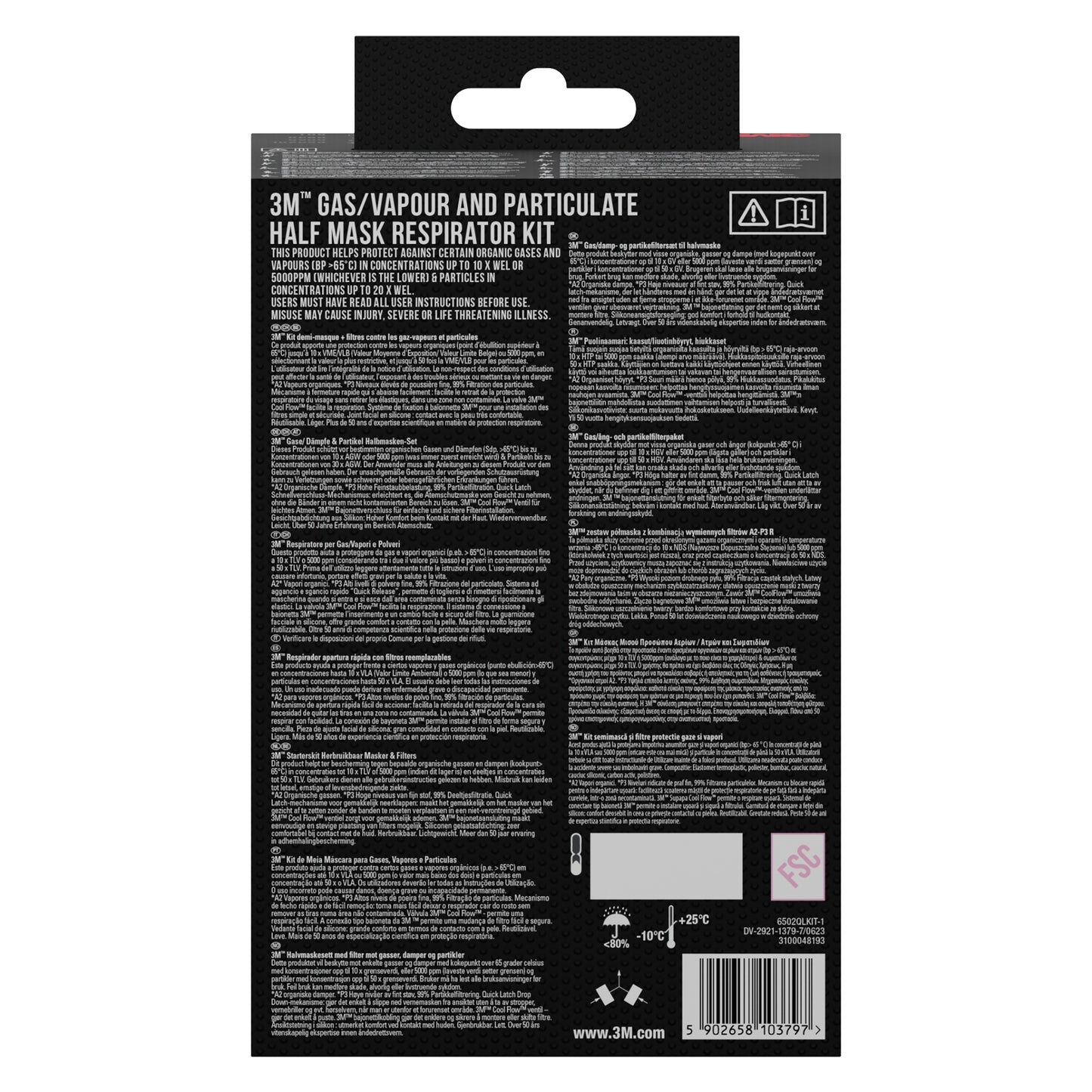 Na tylnej stronie opakowania 3M™ Półmaski 6200 wielokrotnego użytku, średnie | Opakowanie (1 sztuka) od 3M Deutschland GmbH znajdują się informacje o bezpieczeństwie, szczegóły produktu i kody kreskowe w białym kolorze na czarnym tle.