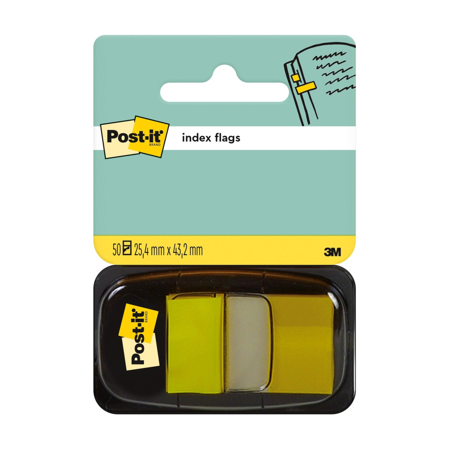 Standardowe indeksowe paski samoprzylepne 3M Post-it® zawierają 50 żółtych chorągiewek (25,4 mm x 43,2 mm) w podajniku z opakowaniem w kolorze morsko-żółtym, na którym znajduje się logo Post-it i ilustracja oznaczania strony.