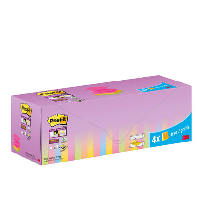 Prostokątne pudełko karteczek Post-it® Super Sticky Z-Notes (76 x 76 mm) w różnych kolorach, 20 bloków + 4 gratis (promocja), 90 arkuszy/blok, od 3M Deutschland GmbH. Z fioletowymi, żółtymi i niebieskimi etykietami w pastelowych kolorach i kartonowym opakowaniem certyfikowanym przez PEFC.