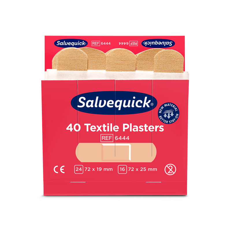 Otwarta czerwona skrzynka Orkla Wound Care AB Textilgips (40 szt./uzupełnienie, 6 sztuk) pokazuje wewnątrz beżowe plastry oraz z przodu rozmiary, informacje o produkcie i symbole certyfikacji.