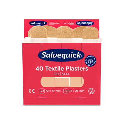 Otwarta czerwona skrzynka Orkla Wound Care AB Textilgips (40 szt./uzupełnienie, 6 sztuk) pokazuje wewnątrz beżowe plastry oraz z przodu rozmiary, informacje o produkcie i symbole certyfikacji.