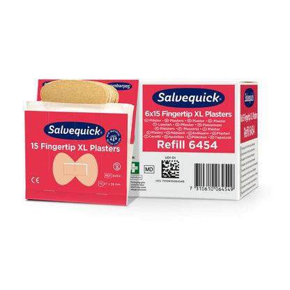 Przedstawiono pudełko i otwartą paczkę Orkla Wound Care AB XL opatrunków tekstylnych na opuszki palców, 15 sztuk/Mine | opakowanie (6 sztuk). Biało-czerwone opakowanie zawiera informacje o produkcie i ilustracje tych elastycznych opatrunków na opuszki palców.