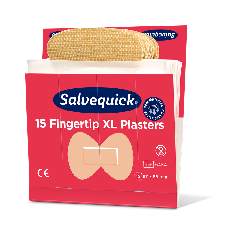 Otwarta paczka Orkla Wound Care AB XL opatrunków tekstylnych na opuszki palców, 15 sztuk/Mine (opakowanie z 6 sztukami), pokazuje beżowe opatrunki na opuszki palców. Czerwone pudełko ma rozmiar 87 x 56 mm i podkreśla elastyczny design opatrunków tekstylnych.