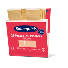 Różowo-białe pudełko od Orkla Wound Care AB z napisem "Xl textilgips, 21 sztuk/mine | Opakowanie (6 sztuk)" zawiera duże tekstylne plasterki w dwóch rozmiarach: 80x30 mm i 80x60 mm. Na górze otwartego pudełka widać kilka beżowych plasterków.