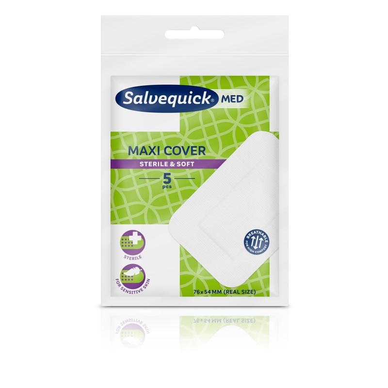 Na zdjęciu jest opakowanie Salvequick Maxi 76x54 mm opatrunków firmy Orkla Wound Care AB. Zielono-białe pudełko zawiera 5 sterylnych, miękkich opatrunków i pokazuje na przedniej stronie informacje o produkcie oraz ilustrację opatrunku.