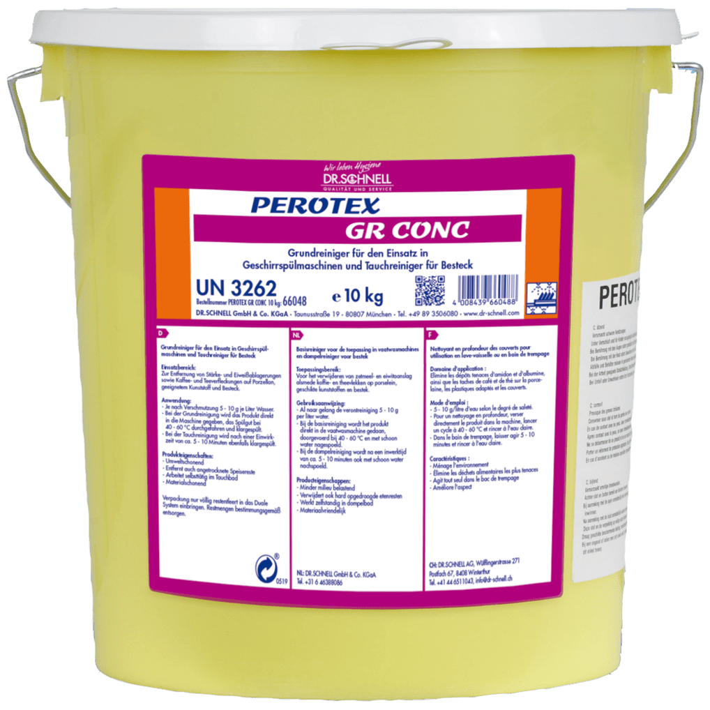 10 kg żółtego plastikowego wiadra z DR.SCHNELL PEROTEX GR CONC, wysoce alkalicznym środkiem do zmywarek przemysłowych, oznaczonego w języku niemieckim informacją o produkcie i kodem kreskowym. Idealne dla dużych kuchni.