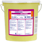 10 kg żółtego plastikowego wiadra z DR.SCHNELL PEROTEX GR CONC, wysoce alkalicznym środkiem do zmywarek przemysłowych, oznaczonego w języku niemieckim informacją o produkcie i kodem kreskowym. Idealne dla dużych kuchni.