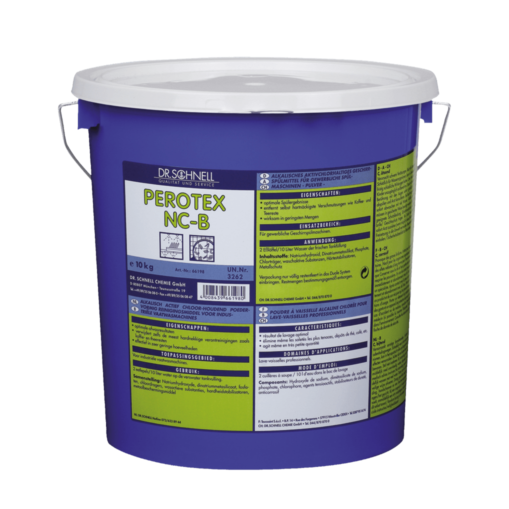 Niebieskie wiadro z tworzywa sztucznego o wadze 10 kg z napisem "Dr. Schnell PEROTEX NC-B" zawiera środek czyszczący do zmywarek przemysłowych zawierający chlor od DR.SCHNELL; wielojęzyczna etykieta zawiera informacje o produkcie, instrukcje i ostrzeżenia.