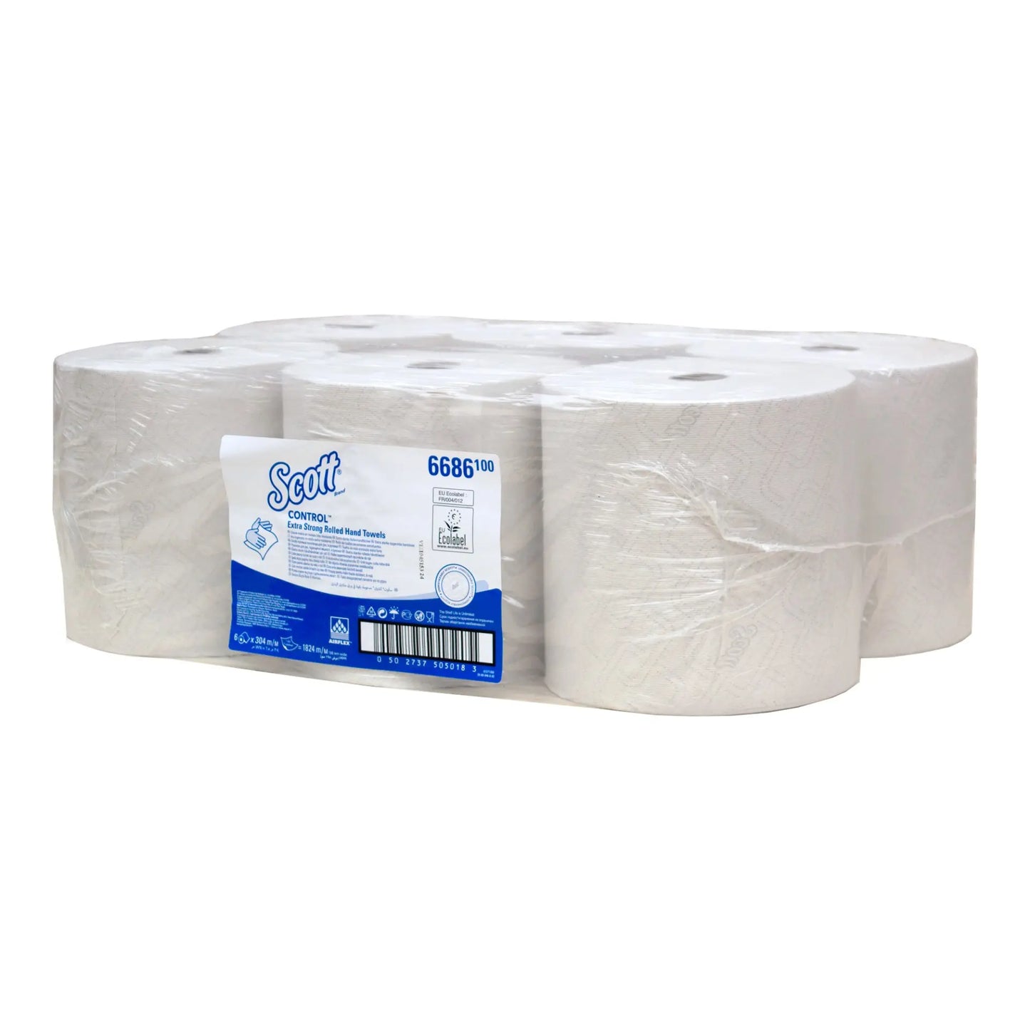 Opakowanie ręczników Scott® EXTRA STRONG firmy Kimberly-Clark GmbH zawiera sześć białych rolek, które są zwinięte pojedynczo i starannie zapakowane w pudełku, z wyraźnym oznaczeniem dla łatwej identyfikacji produktu.