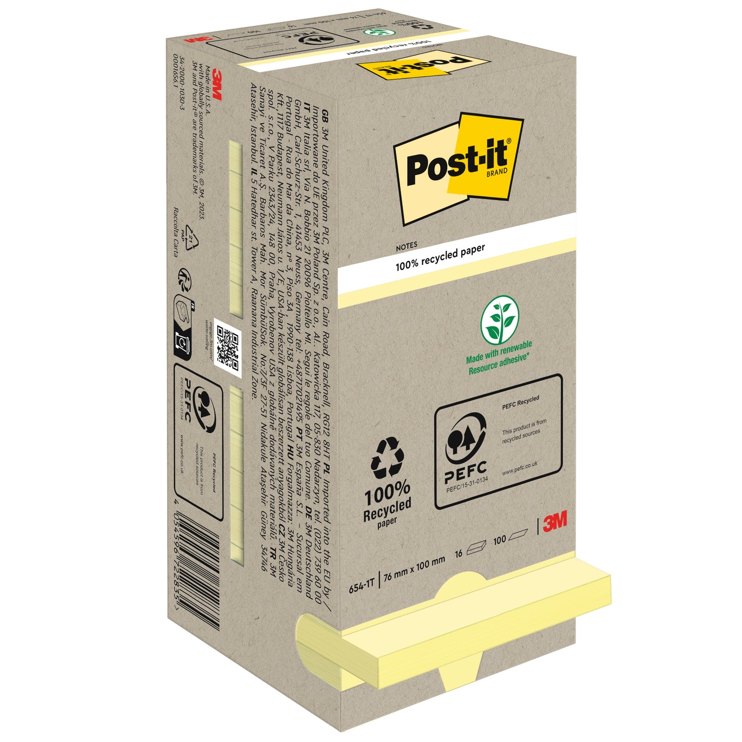 Beżowe pudełko Post-it® Recycling Notes (76x76 mm, 100 arkuszy, 100% PEFC) firmy 3M Deutschland GmbH pokazuje informacje o produkcie, symbole recyklingu, certyfikat PEFC i logo 3M. Żółte karteczki samoprzylepne są częściowo widoczne na dole.