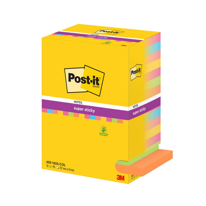 Opakowanie Post-it® Super Sticky Notes firmy 3M Deutschland GmbH, różne kolory, 76x127mm, 90 arkuszy/blok, 16 bloków/opakowanie, 100% PEFC. Na opakowaniu znajduje się logo Post-it i informacje o produkcie.