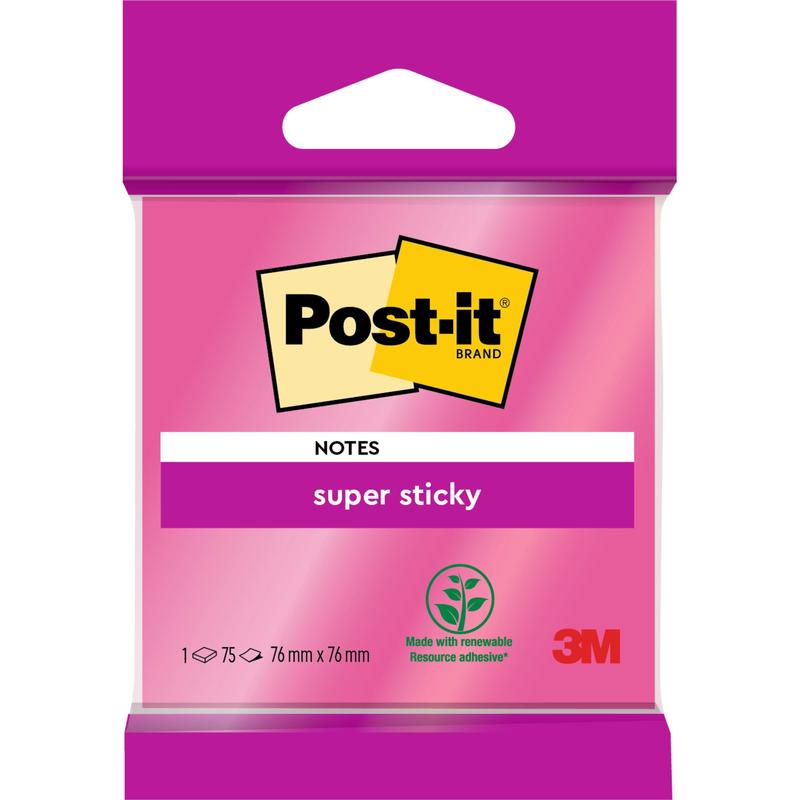 Opakowanie Post-it® Super Sticky Notes 6820S3 od 3M Deutschland GmbH, 76 x 76 mm, w kolorach neonowa zieleń, neonowy róż, ultrajaskrawy żółty, ultrajaskrawy zielony i ultrajaskrawy różowy, 1 blok po 75 kartek, ekstra mocna siła klejenia i 100% certyfikowane PEFC.