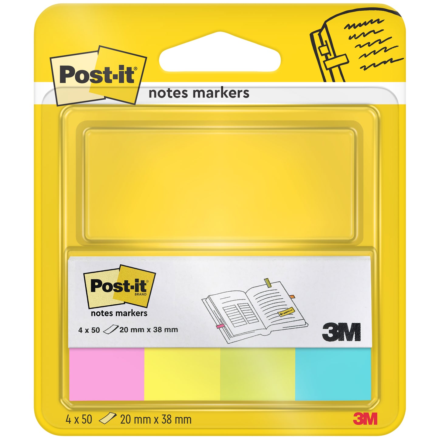 Eine Packung Post-it® Page Marker der 3M Deutschland GmbH enthält vier Blöcke im Format 20 mm x 38 mm (je 50 Blatt, 100% PEFC) in den Farben gelb, rosa, grün und blau. Die Verpackung ist mit einer Buchillustration und Produktinformationen versehen.