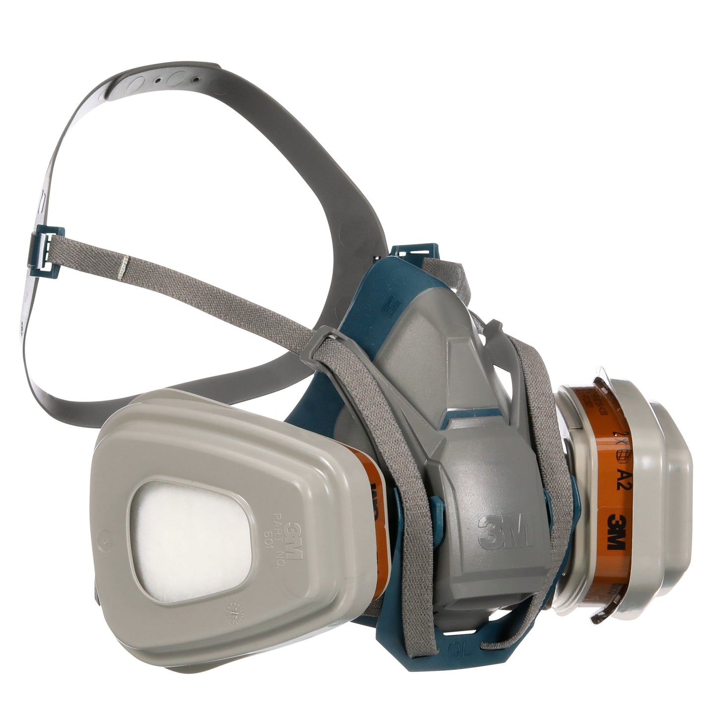 Szaro-niebieska maska ochronna 3M™ Quick Latch 6502QLKIT-1 z regulowanymi gumowymi paskami i wymiennymi filtrami A2P3 (2x6055, 2x5935, 2x501) firmy 3M Deutschland GmbH do ochrony przeciwko oparom organicznym.