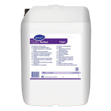 Biały 20-litrowy plastikowy pojemnik z napisem „Diversey Deutschland GmbH & Co. OHG Clax Perfect 71A1, Naturalna płynna skrobia”. Idealny do profesjonalnego czyszczenia tkanin; etykieta zawiera informacje w kilku językach oraz kod kreskowy.