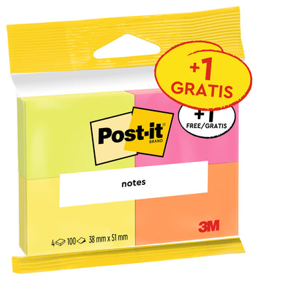 Opakowanie karteczek samoprzylepnych Post-it® (3M Deutschland GmbH) w sortowanych neonowych kolorach, 38 mm x 51 mm, 100 arkuszy na blok, 3 bloki +1 gratis na opakowanie. Produkt z certyfikatem PEFC SGSCH-PEFC-COC-110078. "3 bloki + 1 gratis.