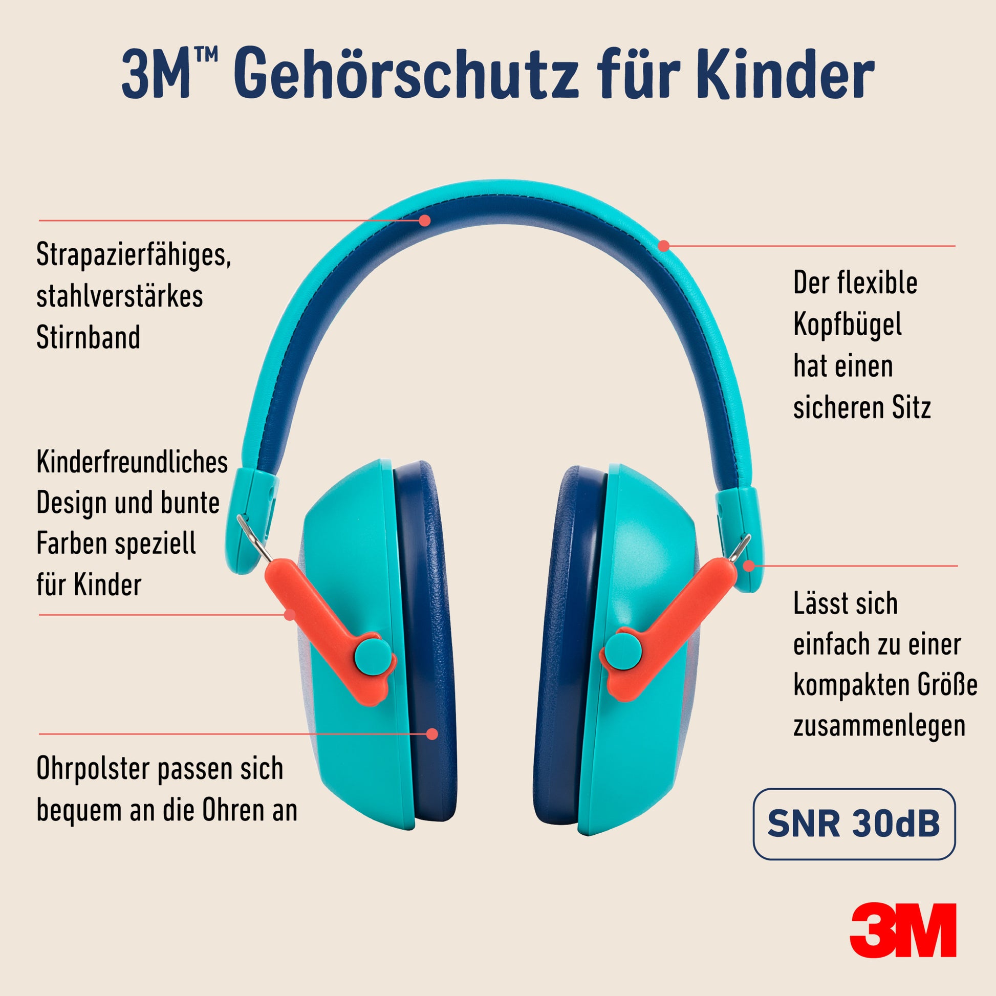 Der 3M™ Gehörschutz für Kinder PKIDSP-TEAL-E in türkis (87-98 dB) von 3M Deutschland GmbH zeichnet sich durch bequeme Ohrpolster, einen flexiblen Kopfbügel und ein kindgerechtes Design aus und bietet einen Gehörschutz von 30 dB SNR für empfindliche Ohren.