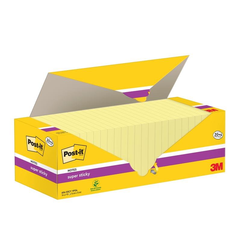 Otwarta żółta skrzynka Post-it® Super Sticky Notes (76x76 mm, 90 arkuszy/pad, 24 bloki, 100% PEFC) z 3M Deutschland GmbH pokazuje notatki wewnątrz z oznakowaniem produktu i szczegółami na opakowaniu.