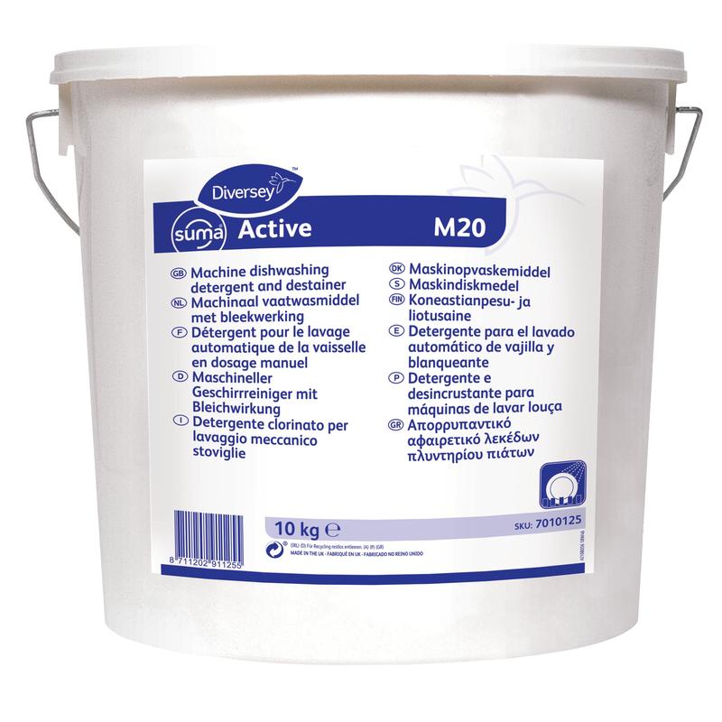 Biały plastikowy wiadro o pojemności 10 kg z napisem "Suma Active M20, super mocny środek do mycia naczyń z efektem wybielania" od Diversey Deutschland GmbH & Co. OHG, do profesjonalnego maszynowego mycia i odtłuszczania naczyń; etykieta w kilku językach.