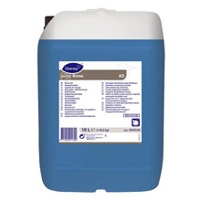 Ein blauer 10-Liter-Kunststoffbehälter mit weißem Deckel und der Aufschrift „Suma Rinse A5 – Neutraler Klarspüler“ der Diversey Deutschland GmbH & Co. OHG enthält Produktinformationen, Anweisungen und einen Barcode für streifenfreie Ergebnisse und zur Vermeidung von Kalkablagerungen.