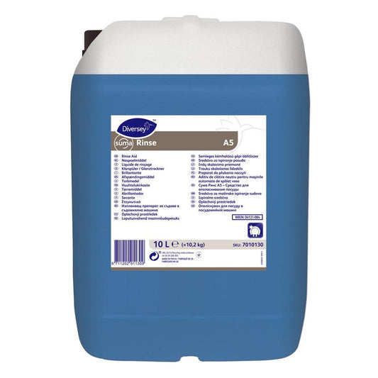 Ein blauer 10-Liter-Kunststoffbehälter mit weißem Deckel und der Aufschrift „Suma Rinse A5 – Neutraler Klarspüler“ der Diversey Deutschland GmbH & Co. OHG enthält Produktinformationen, Anweisungen und einen Barcode für streifenfreie Ergebnisse und zur Vermeidung von Kalkablagerungen.