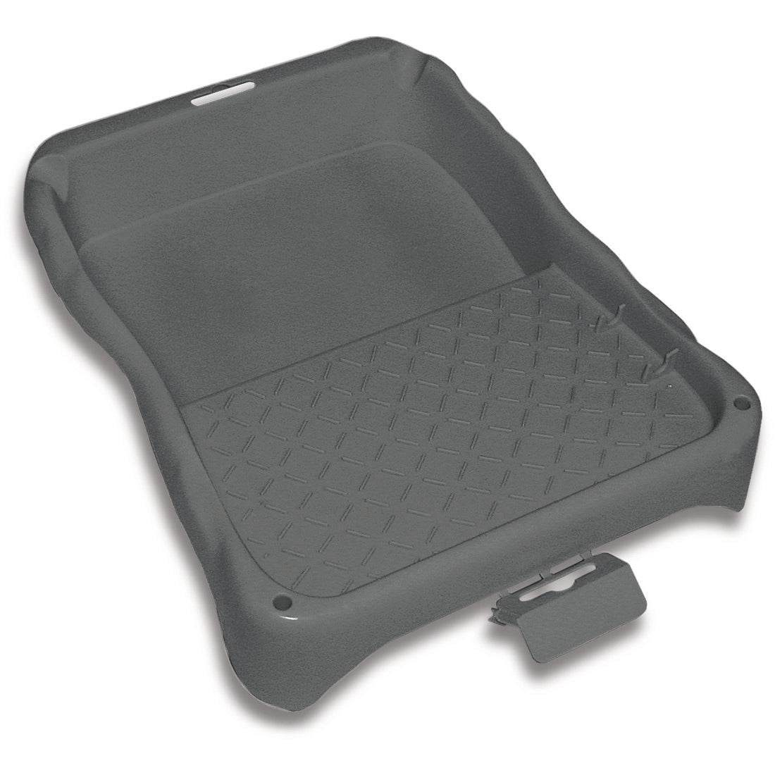 Die Nölle Profi Brush Farbwanne 27 x 36 cm aus Regranulat von Nölle Profi Brush Bürsten- & Pinseltechnik e.K. ist robust, schwarz, mit strukturiertem Rautenmuster und kleinem rechteckigen Verschluss am vorderen Rand - ideal für Malerarbeiten.