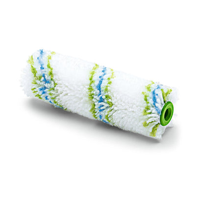 Die Nölle Profi Brush Meisterflor Kleinflächenwalze 10 cm / Ø 17 mm von Nölle Profi Brush Bürsten- & Pinseltechnik e.K. zeigt blaue und grüne Streifen mit grünem Kunststoffkern auf einfarbig weißem Grund.
