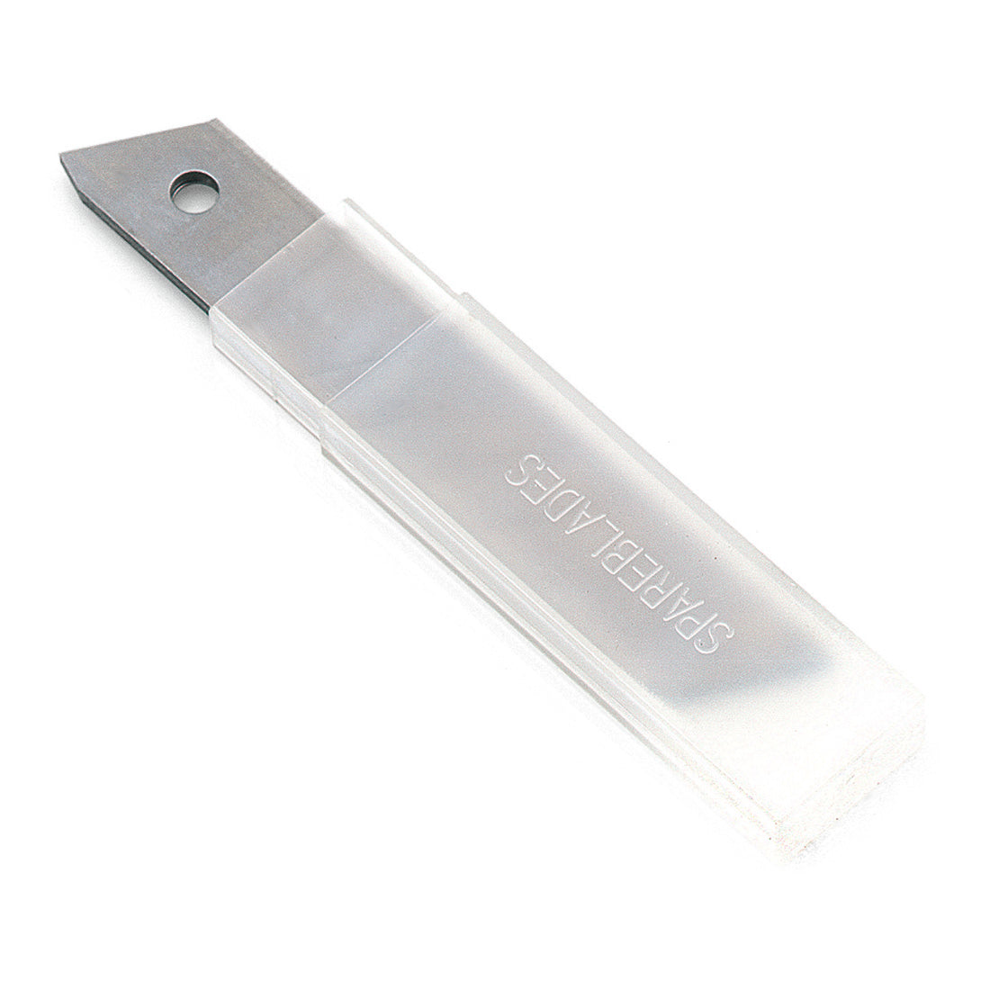 Ein rechteckiges transparentes Etui mit der Aufschrift "SPARE BLADES" enthält Nölle Profi Brush Abbrechklingen von Nölle Profi Brush Bürsten- & Pinseltechnik e.K., wobei eine hochwertige Klinge teilweise sichtbar ist und ein Loch in der Nähe des Randes aufweist.