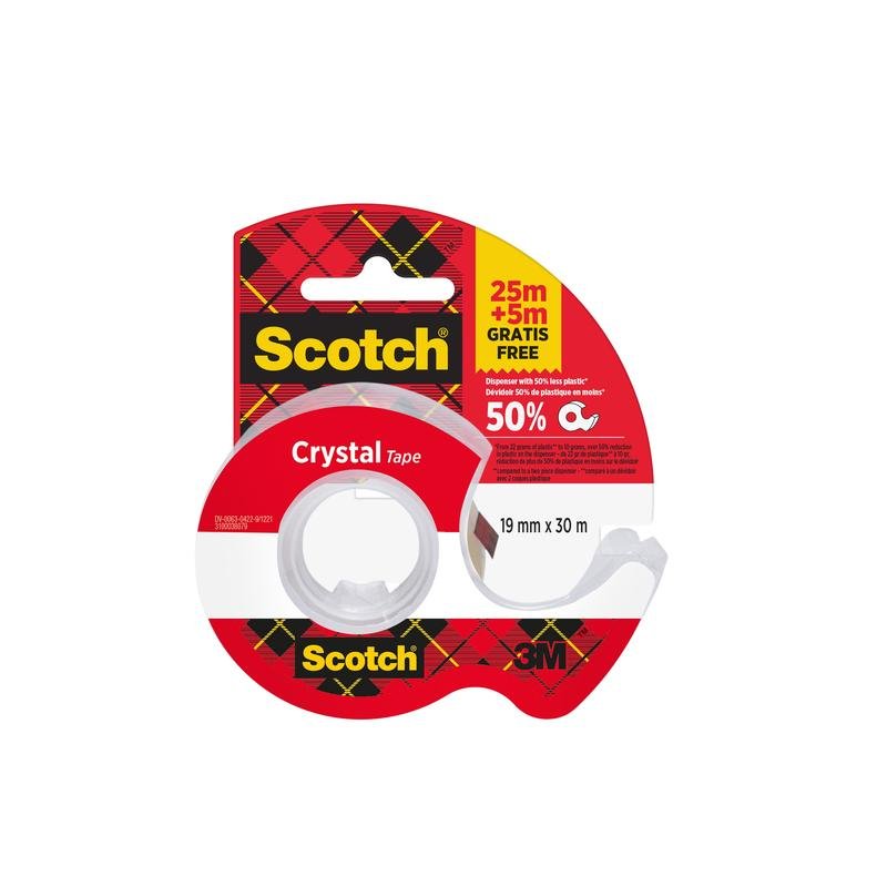 Rolka taśmy klejącej Scotch® Crystal (19mm x 25m) plus 5m GRATIS na ręcznym dyspenserze, od 3M Deutschland GmbH, w przezroczystym podajniku z klasycznym czerwono-żółtym opakowaniem.
