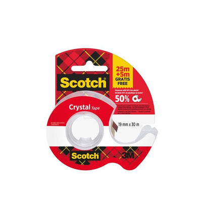 Rolka taśmy klejącej Scotch® Crystal (19mm x 25m) plus 5m GRATIS na ręcznym dyspenserze, od 3M Deutschland GmbH, w przezroczystym podajniku z klasycznym czerwono-żółtym opakowaniem.