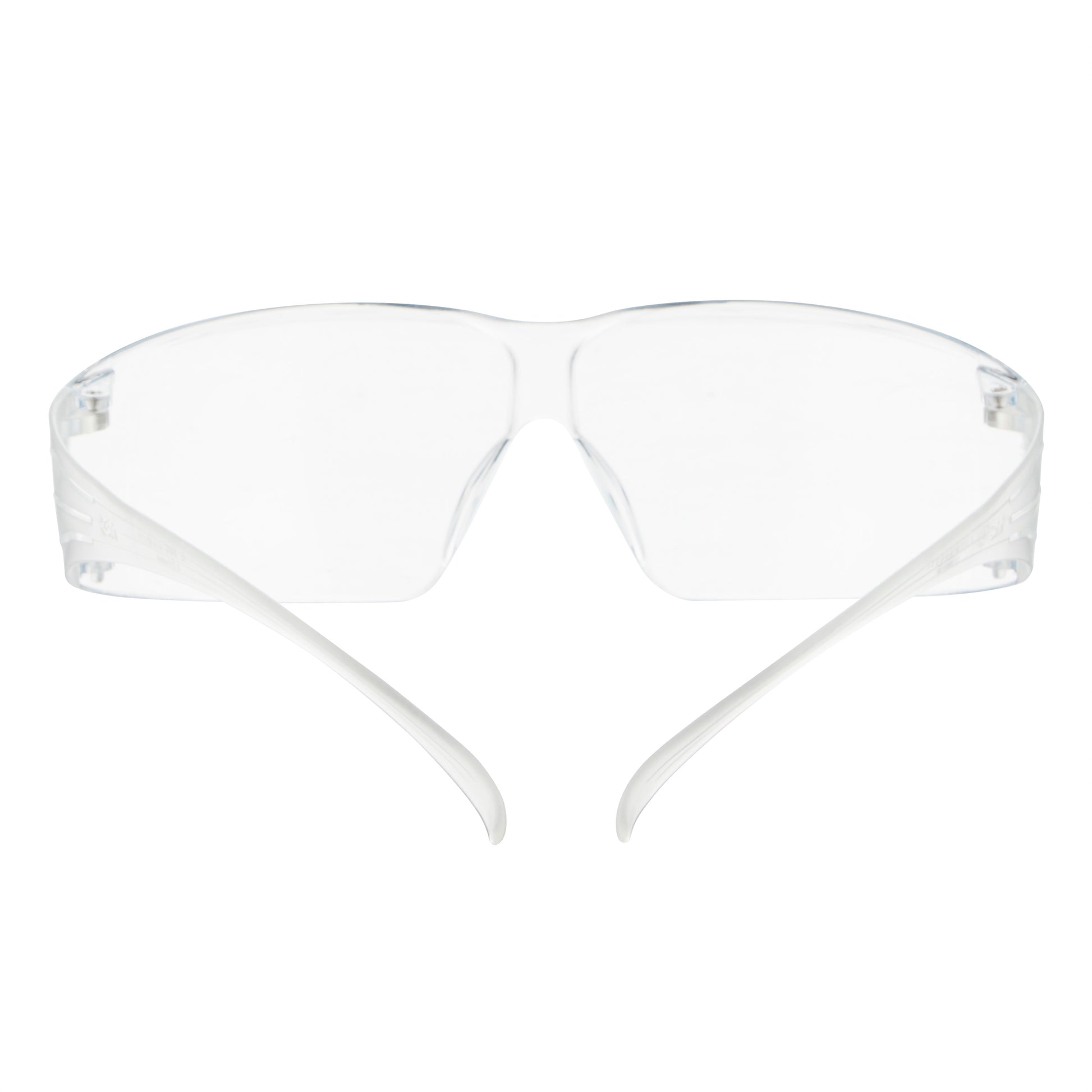 Die 3M™ SecureFit™ Schutzbrille 200 der 3M Deutschland GmbH ist von vorne zu sehen, mit klarem Kunststoffrahmen und transparenten Gläsern und Bügeln vor weißem Hintergrund.