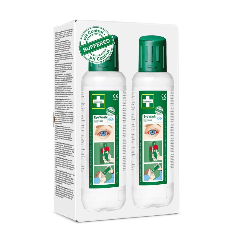 Cederroth Płyn do płukania oczu 2 x 500 ml, 2-pak od Orkla Wound Care AB zawiera dwie butelki z zielonym zamknięciem i jasną instrukcją - niezbędny do szybkiej pomocy przy urazach oczu.