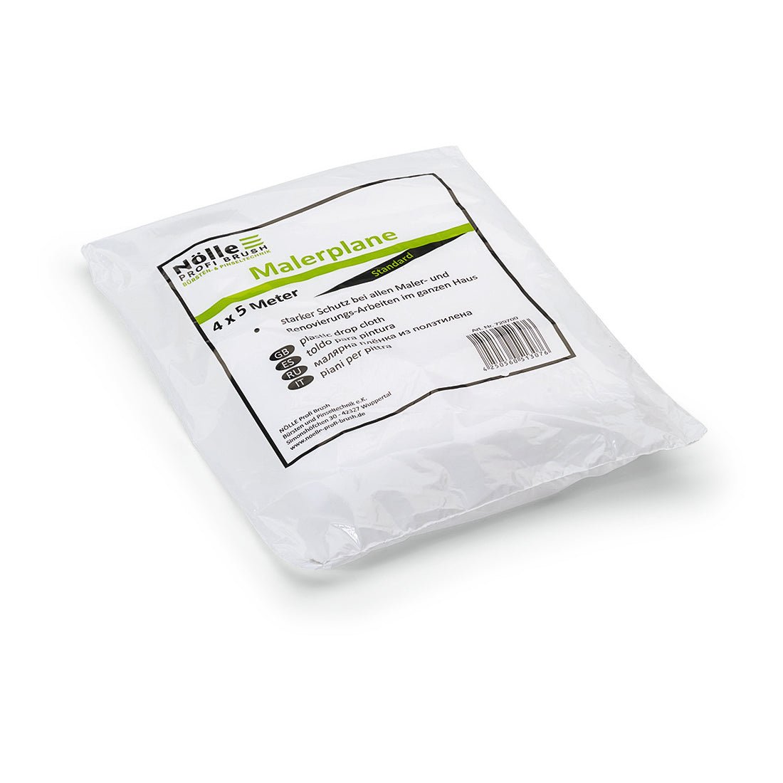 Na zdjęciu znajduje się zapieczętowana folia malarska Nölle Profi Brush 4x5 m (11 my), odporna na malowanie, 1 sztuka, od Nölle Profi Brush Bürsten- & Pinseltechnik e.K., z etykietą, symbolami i kodem kreskowym, na białym tle.