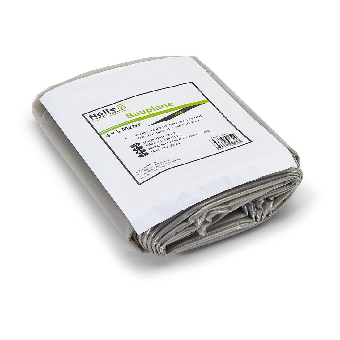 Szara złożona plandeka budowlana Nölle Profi Brush 4x5 m, 75 my, z solidną białą etykietą z napisem "4x5 m" oraz informacją o produkcie i kodem kreskowym Nölle Profi Brush Bürsten- & Pinseltechnik e.K., na białym tle.
