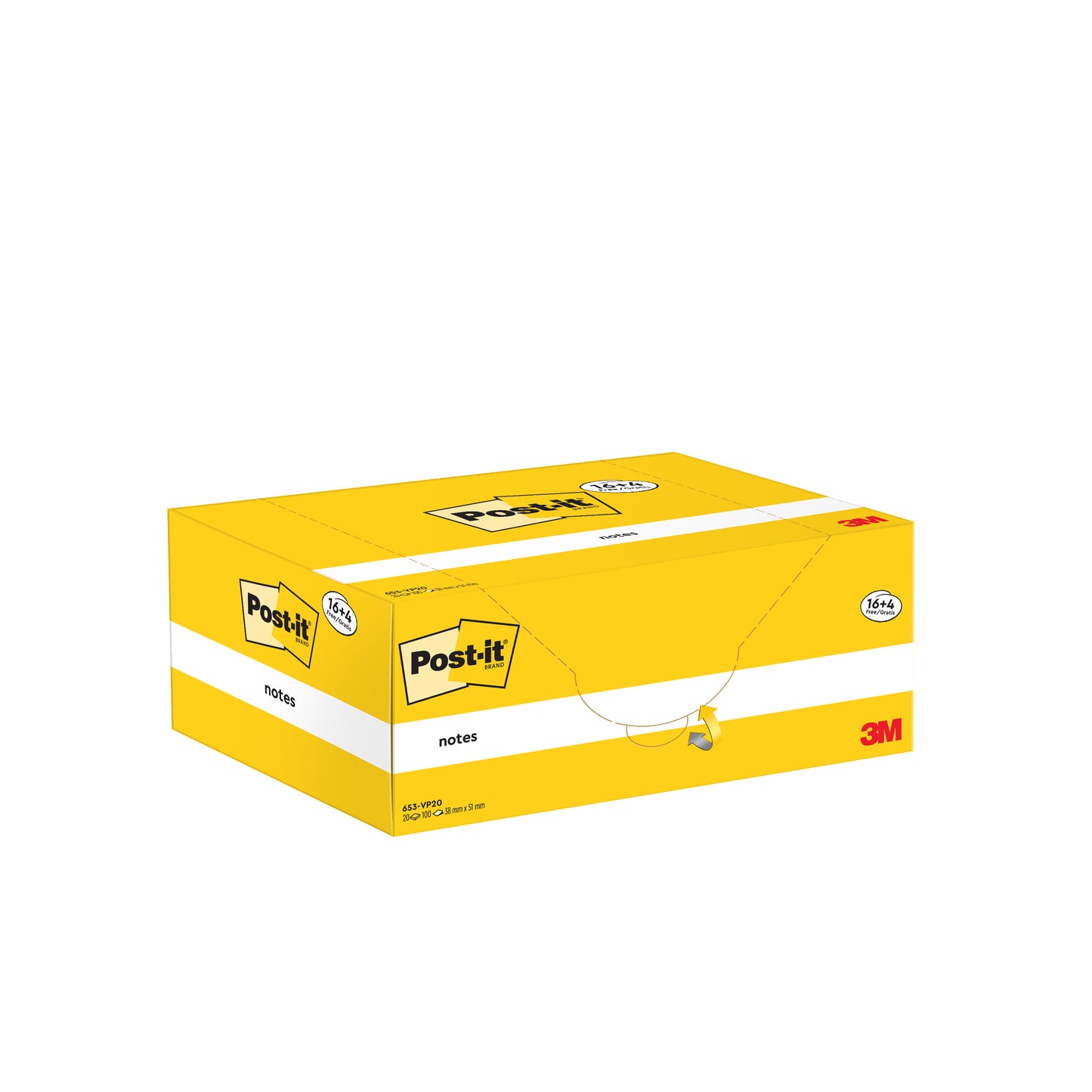 Przedstawiono żółto-białe opakowanie promocyjne karteczek Post-it® (3M Deutschland GmbH), żółte, 38x51mm, 100 kartek/blok, 16 bloków + 4 gratis, w 100% certyfikowane PEFC (SGSCH-PEFC-COC-110078), na białym tle.